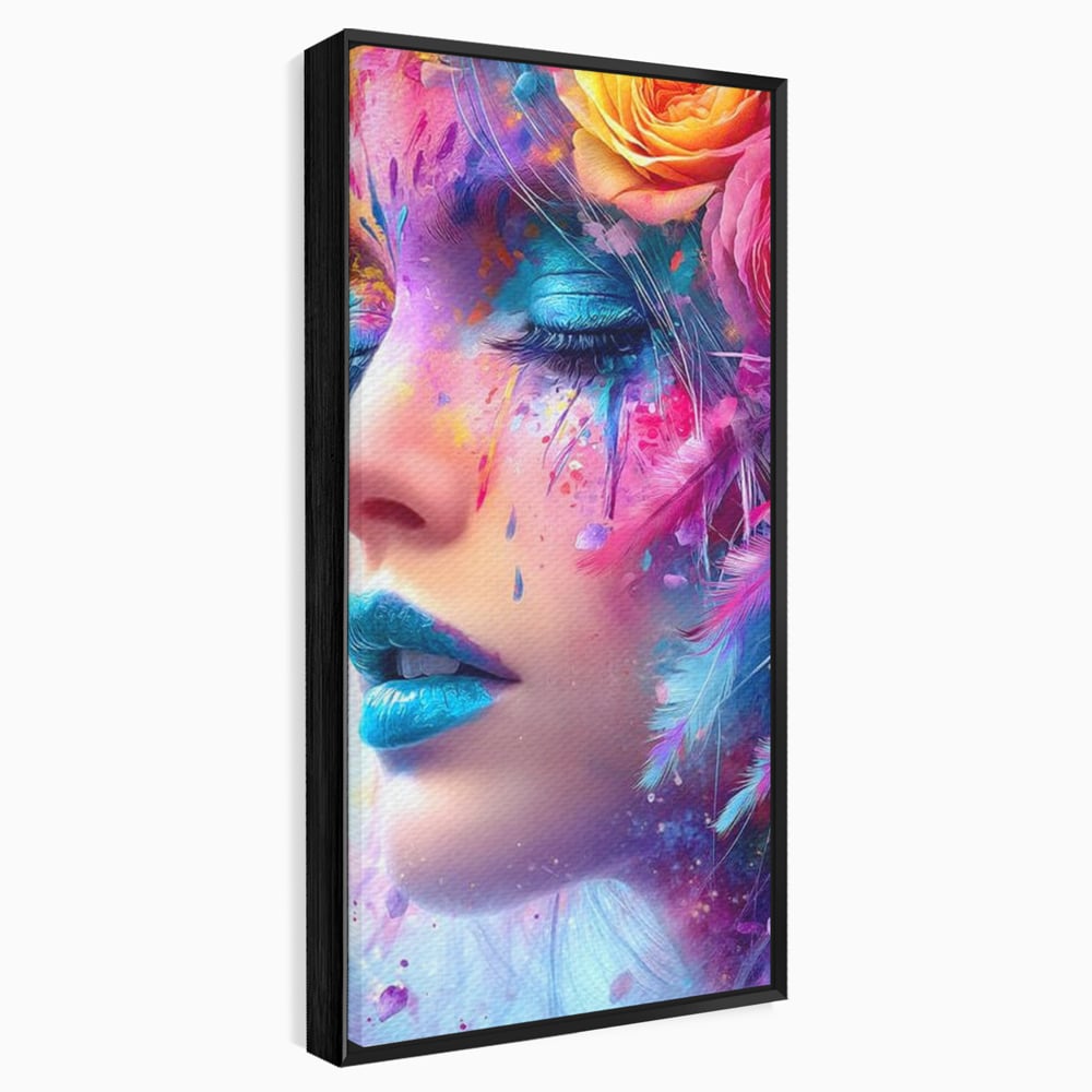 Tablou canvas cu tablou canvas cu fata artistica si flori, in rama de aluminiu negru